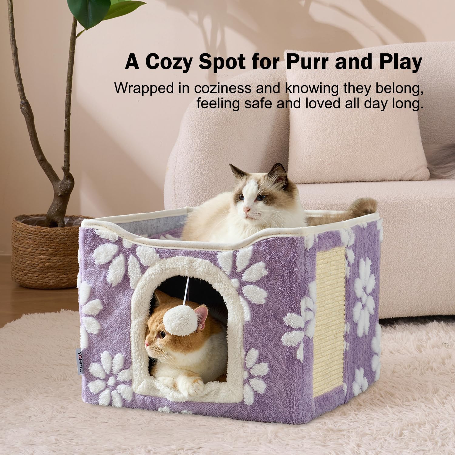 Cat Houses for Indoor Cats, Cute Cat Cave with Fluffy Ball Hanging and Scratch Pad, Foldable Kitten Condo Hideaway, 17x17x13 inches, Purple Flower