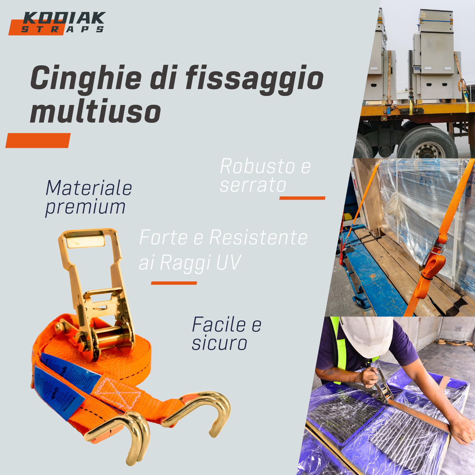 10 Cinghie di Tensione 6m x 1500kg con Cricchetto e Ganci - Cinghie a Cricchetto da 27mm - Cinghia Arancione per la Sicurezza del Carico - Certificato TÜV/GS e secondo DIN EN 12195-2 - KODIAK STRAPS