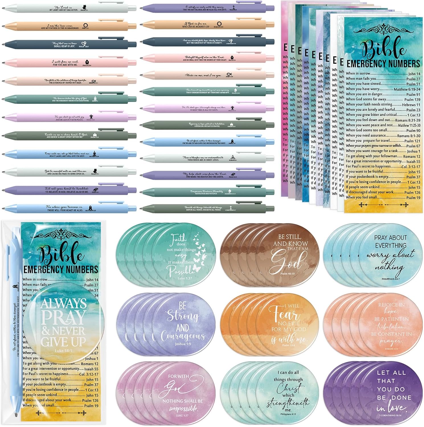 Feifeiya 50 Sets Easter Christian Gifts Bulk Bible Verses Ballpoint Pens Religious Emergency Bookmarks Compact Mirrors Womens History Month Gifts for Church Coworker Pastor Bible Study Group