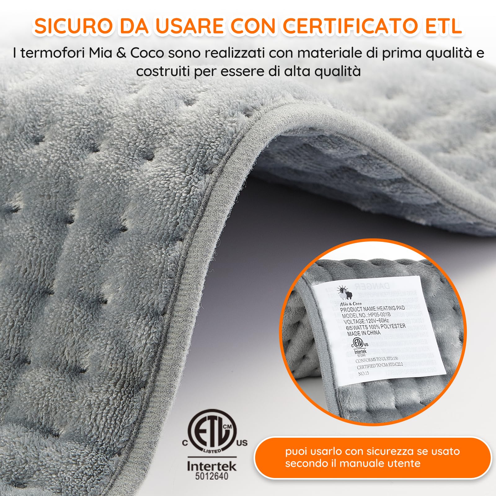 Cuscino Termoforo Elettrico Riscaldante 60x30cm, per alleviare il dolore, schiena collo spalle addome braccia e gambe, Spegnimento automatico in 90 minuti, 10 livelli di calore, lavabile in lavatrice