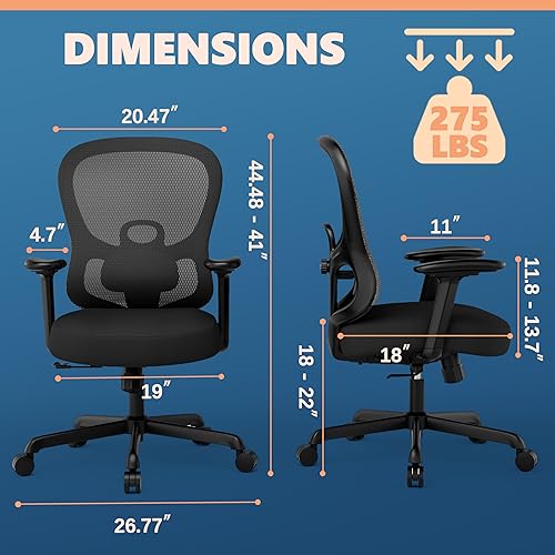 Miniatura 3 de ELABEST Silla de oficina ergonómica, silla de escritorio para el hogar con respaldo de malla, soporte lumbar ajustable, asiento ancho con resortes