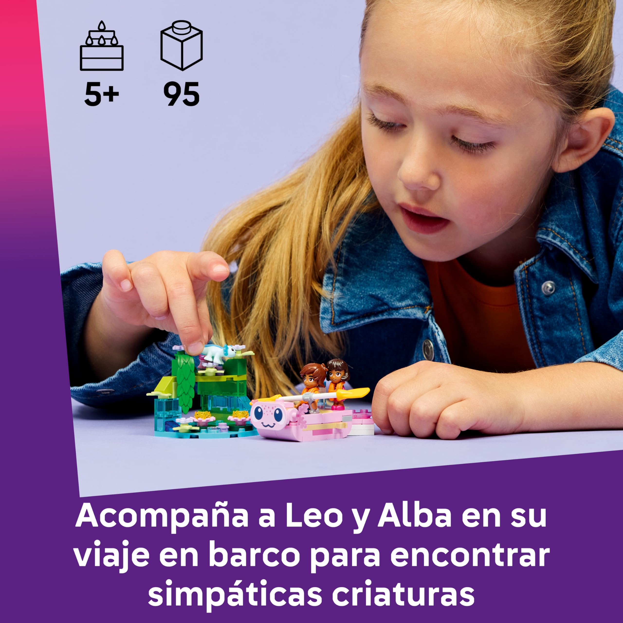 LEGO Friends Aventuras en el Barco-Ajolote de Juguete - 2 Mini Muñecos, 2 Figuras de Animales Adorables, Plantas, Flores y Accesorios - Regalo de Cumpleaños para Niñas de 5+ Años - 42681