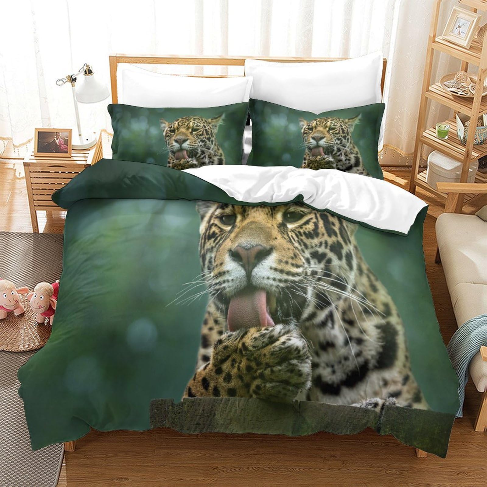 P1s9u7w5y Jaguar-3 Wild Jungle 3D Printed Leopard Duvet Cover Set 3Pcs Microfiber Animal Bedding Set Double（200X200cm）