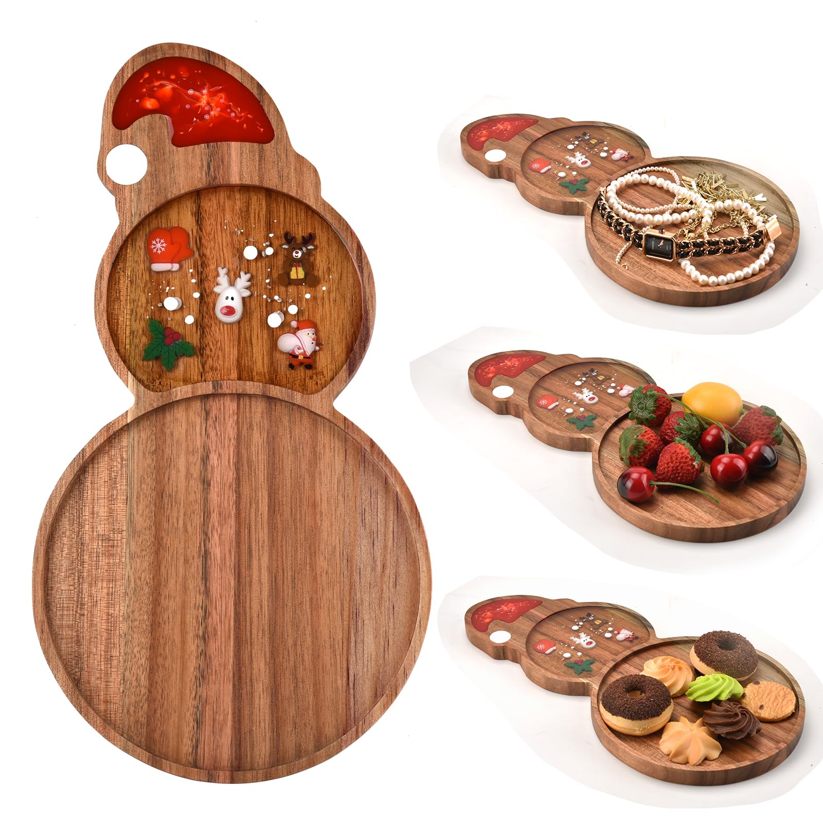 Guowall Wooden Christmas Serving Tray, Acacia Wood and Epoxy Resin Design, Christmas Themed Serving Board (Snowman) - Image 4