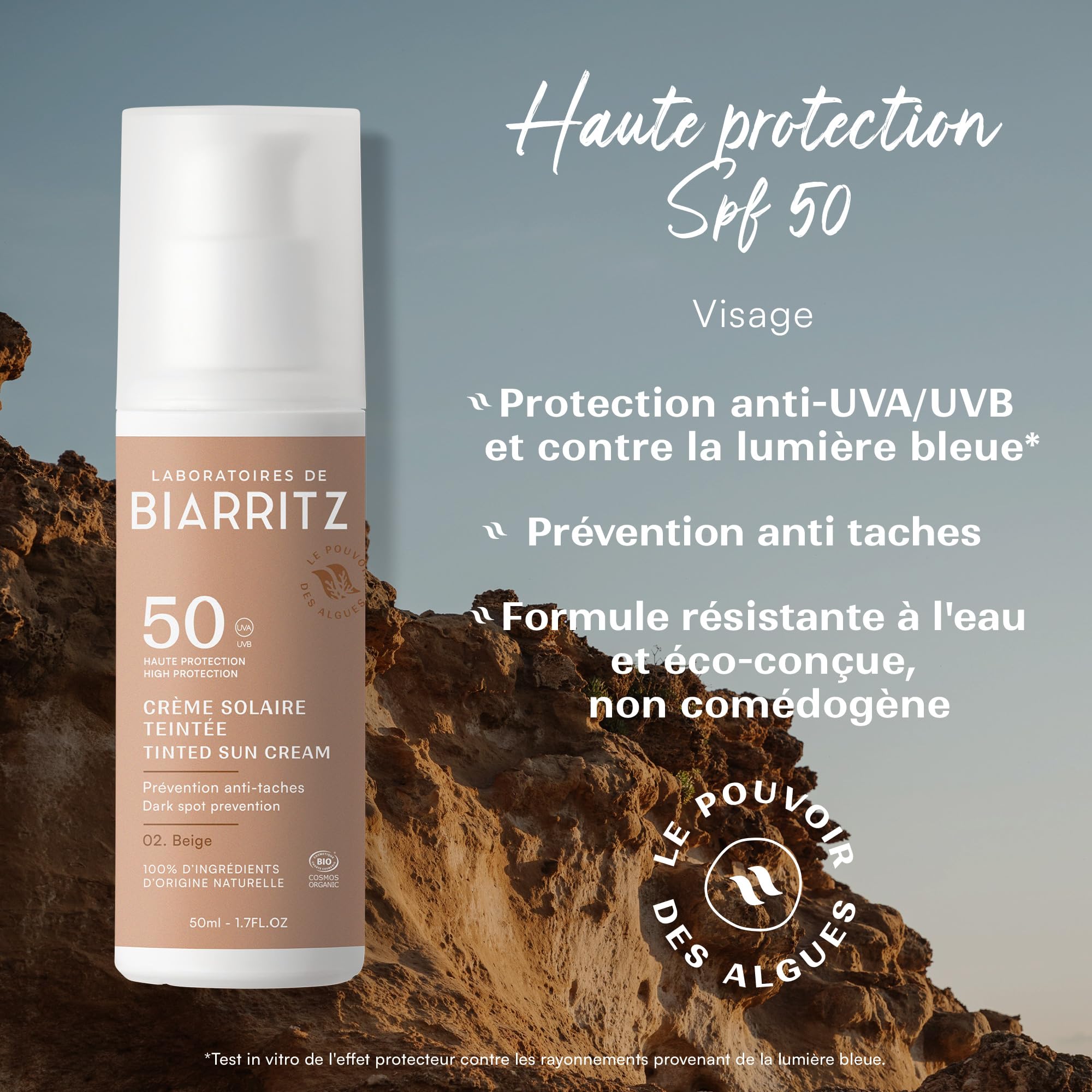 Laboratoires de Biarritz - Crème Solaire Visage Teintée Beige - SPF50 - Certifiée Bio - Unifie le Teint et Prévient l'Apparition de Taches - 50 ml - Fabriquée en France