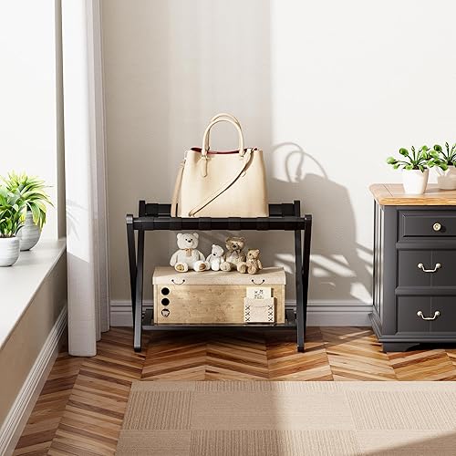 Miniatura 9 de SMIBUY Portaequipajes, juego de 2, soporte plegable de bambú para maleta con estante de almacenamiento para habitación de invitados, dormitorio,