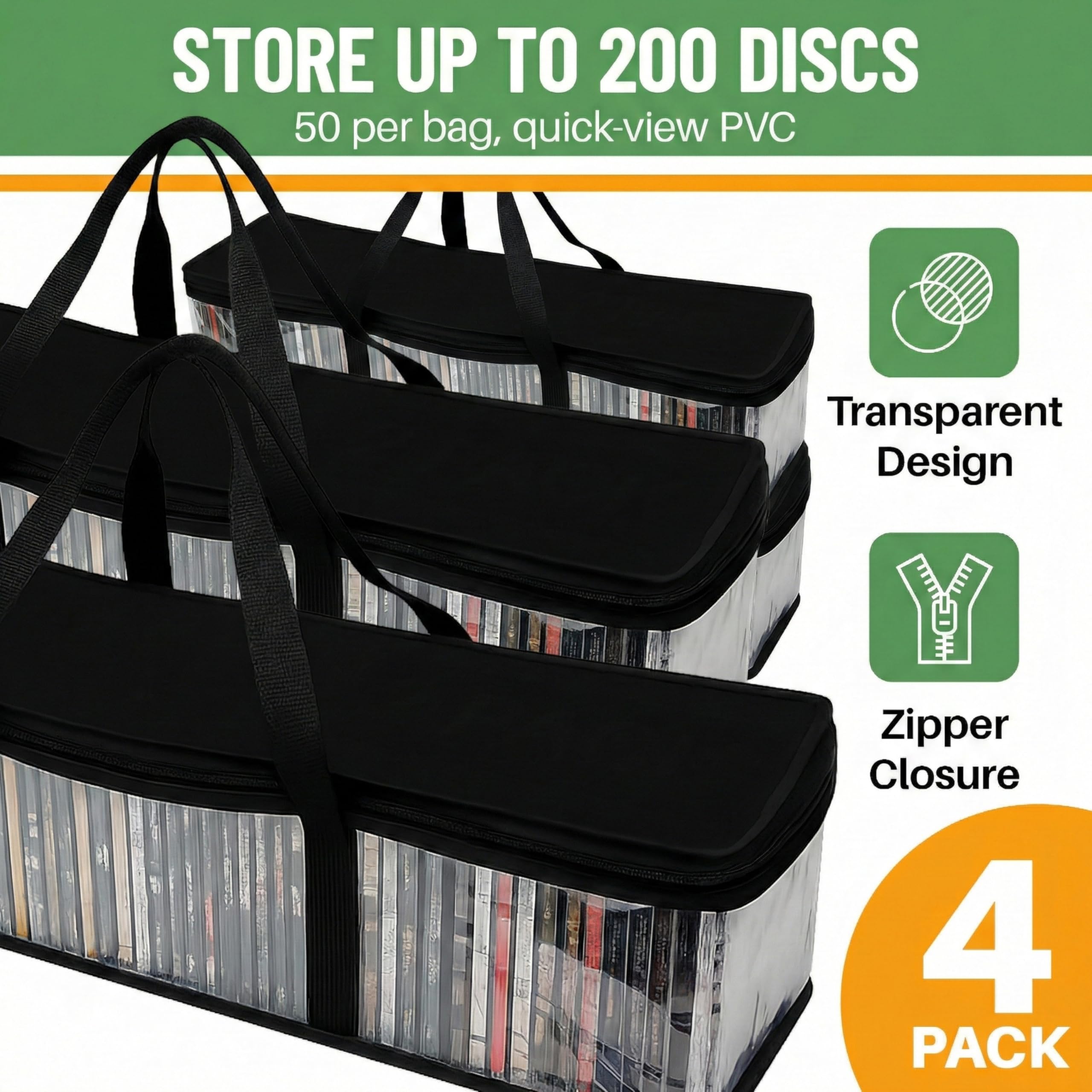 Evelots Bolsas de almacenamiento de CD (paquete de 4) funda de transporte de plástico PVC transparente con cremallera, capacidad para 400 CD en total, asas fuertes, protege CD, videojuegos, música de