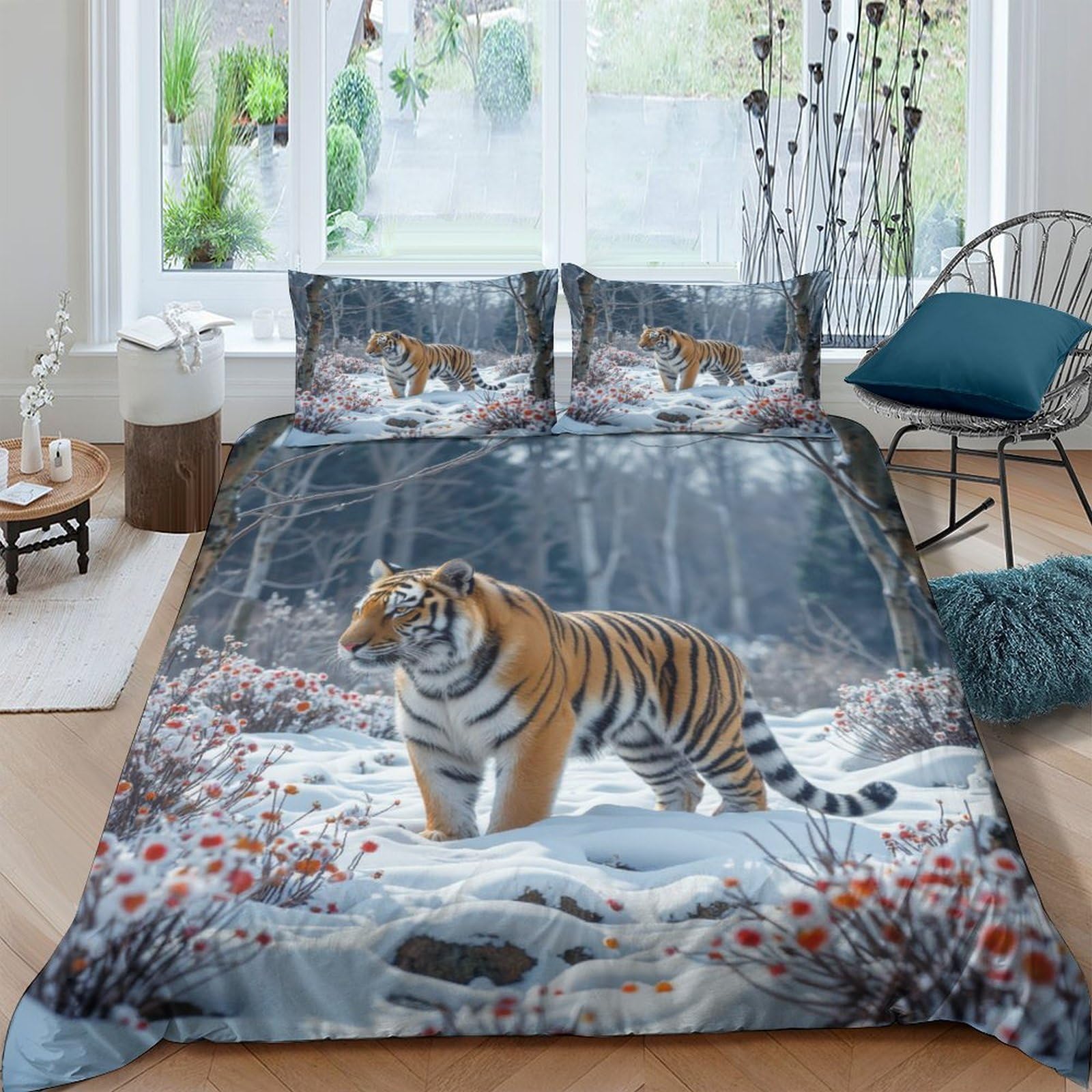 Ctjqhvkz Style-3 3D Printed Tiger In Snow Fitted Sheet Microfiber Soft Anti-Slip Forest Bed Cover For Bedroom Guest Room Decor Single（135X200cm）