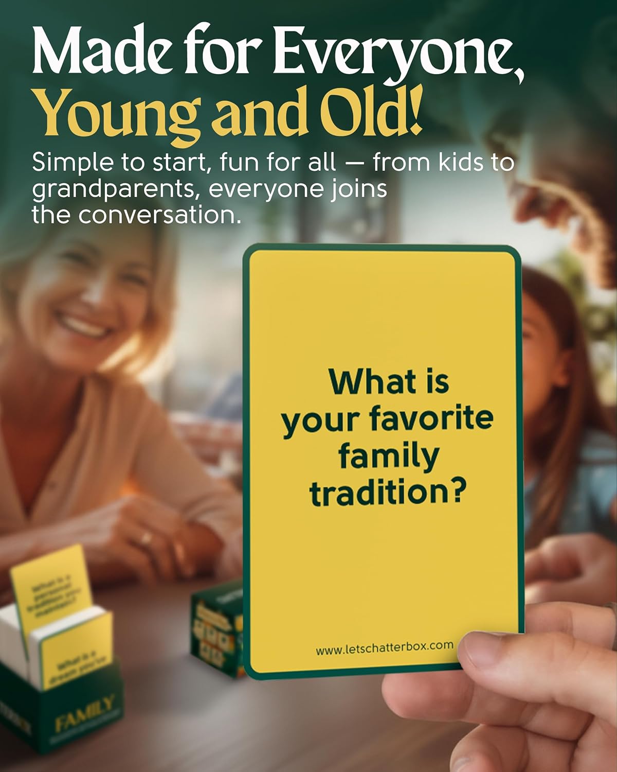 Chatterbox Conversation Cards for Families & Parents, Share Life Stories & Connect with Family & Get to Know You Game, Perfect for Game Night, Family Reunion, Dinner Table or Road Trips, 2+ Players