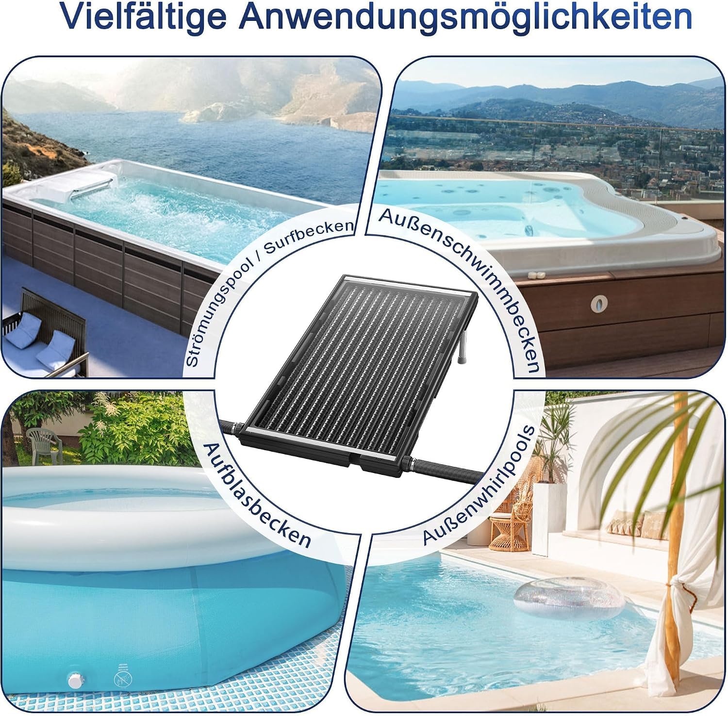 UISEBRT Solar Pool Heater 1er Set, plástico resistente a los rayos UV con placa de protección contra el polvo y las hojas, 111,5 x 66 x 6,5 cm, patas de aluminio, colector solar para piscina de jardín