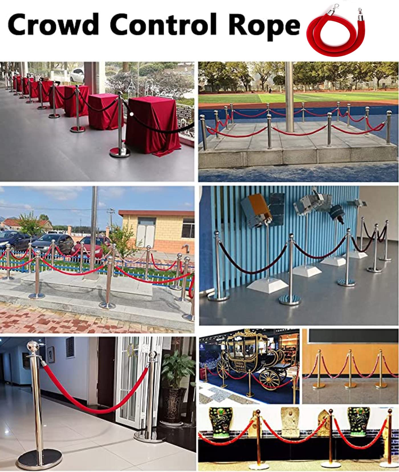 Corde de Guidage en Velours Rouge de 1,5 m avec Crochets métalliques - Barrière de sécurité Haut de Gamme pour Le contrôle des foules Lors de Salons Automobiles, d'événements et de Gestion d