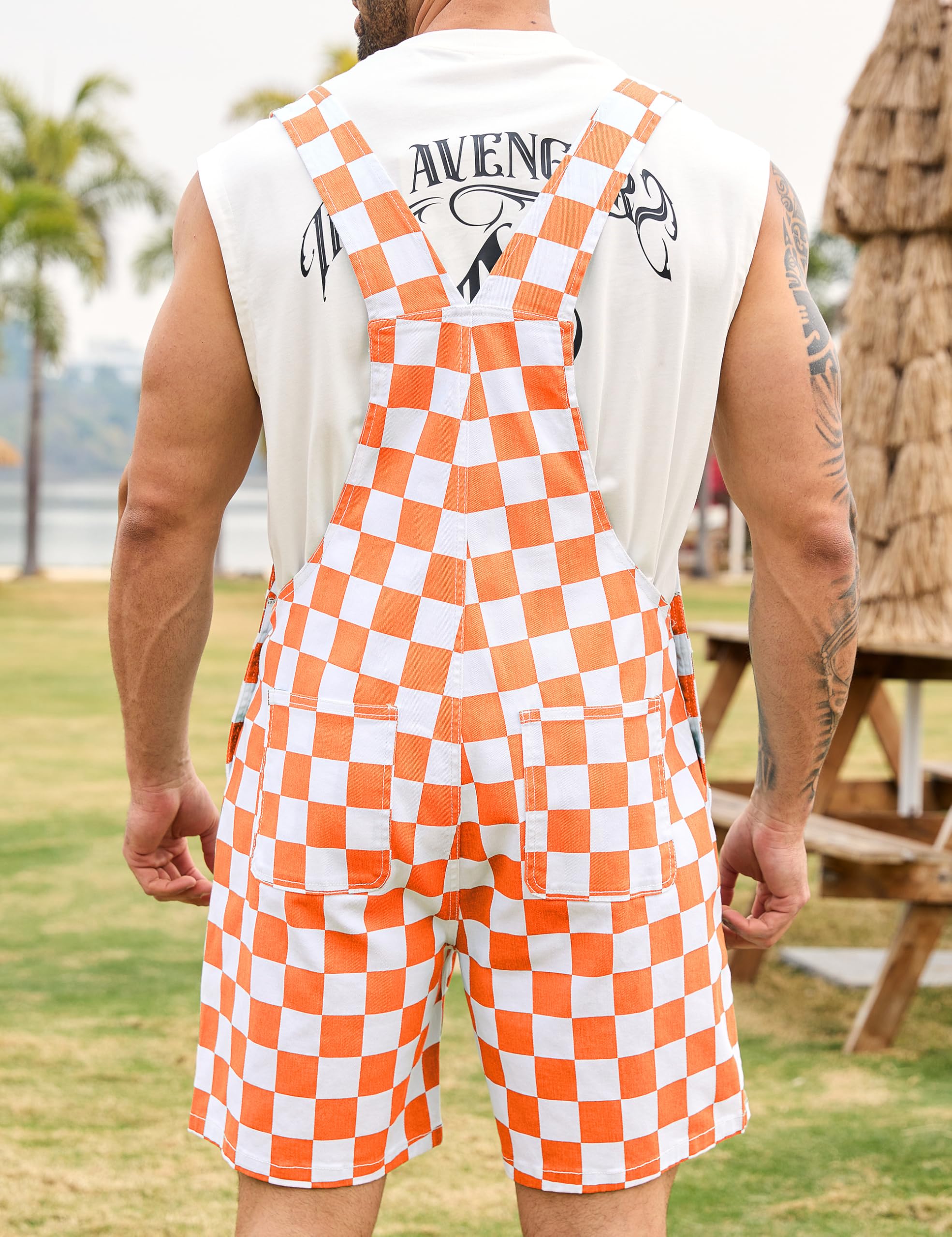 Odefou Karierte Latzhose für Herren, Overall, Shorts, Arbeitsoverall
