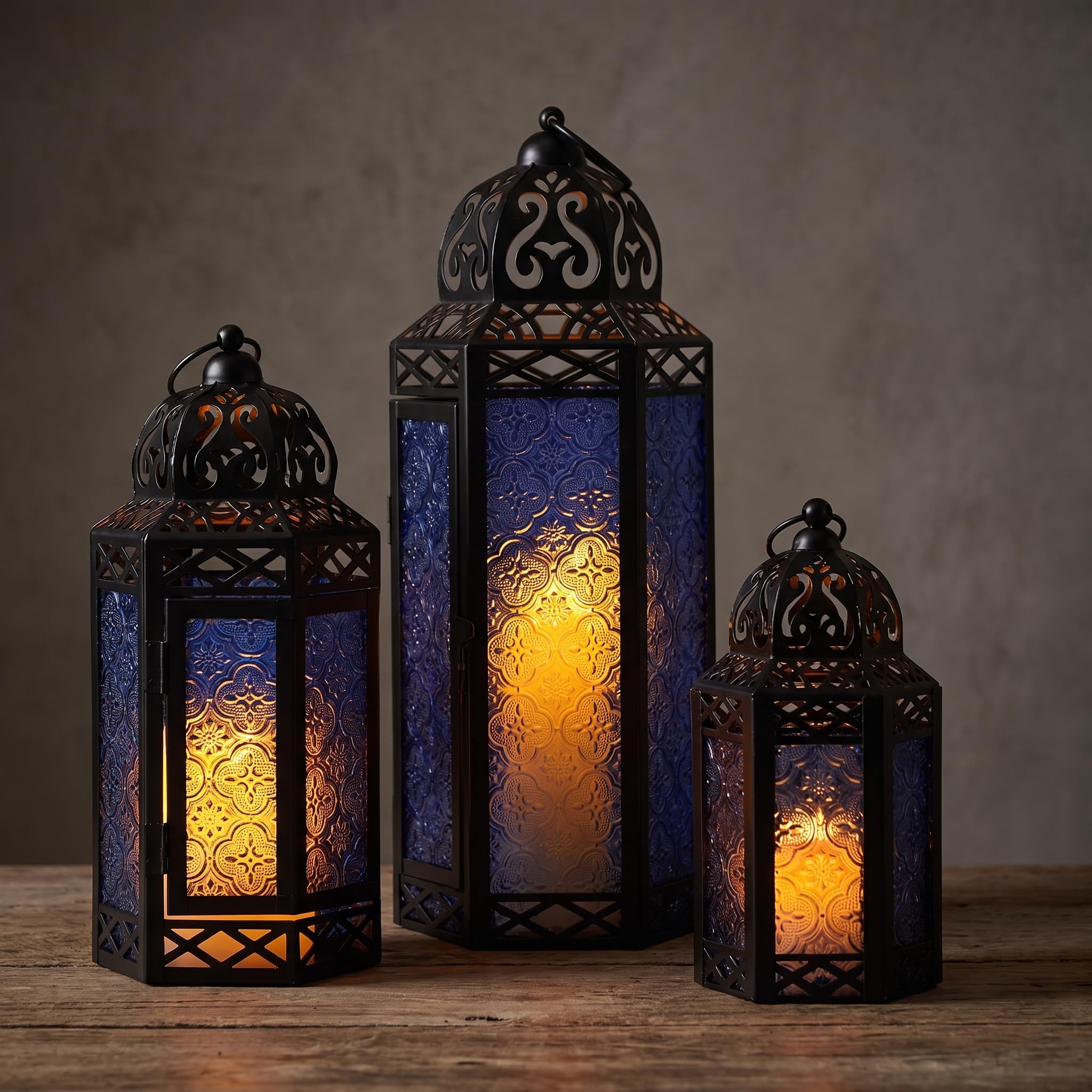 Vela Lanterns Juego de 3 faroles portavelas marroquíes Decorativos para Suelo, decoración de Ramadán, decoración Interior del hogar, Patio al Aire Libre o Porche, Bodas, Cobalto