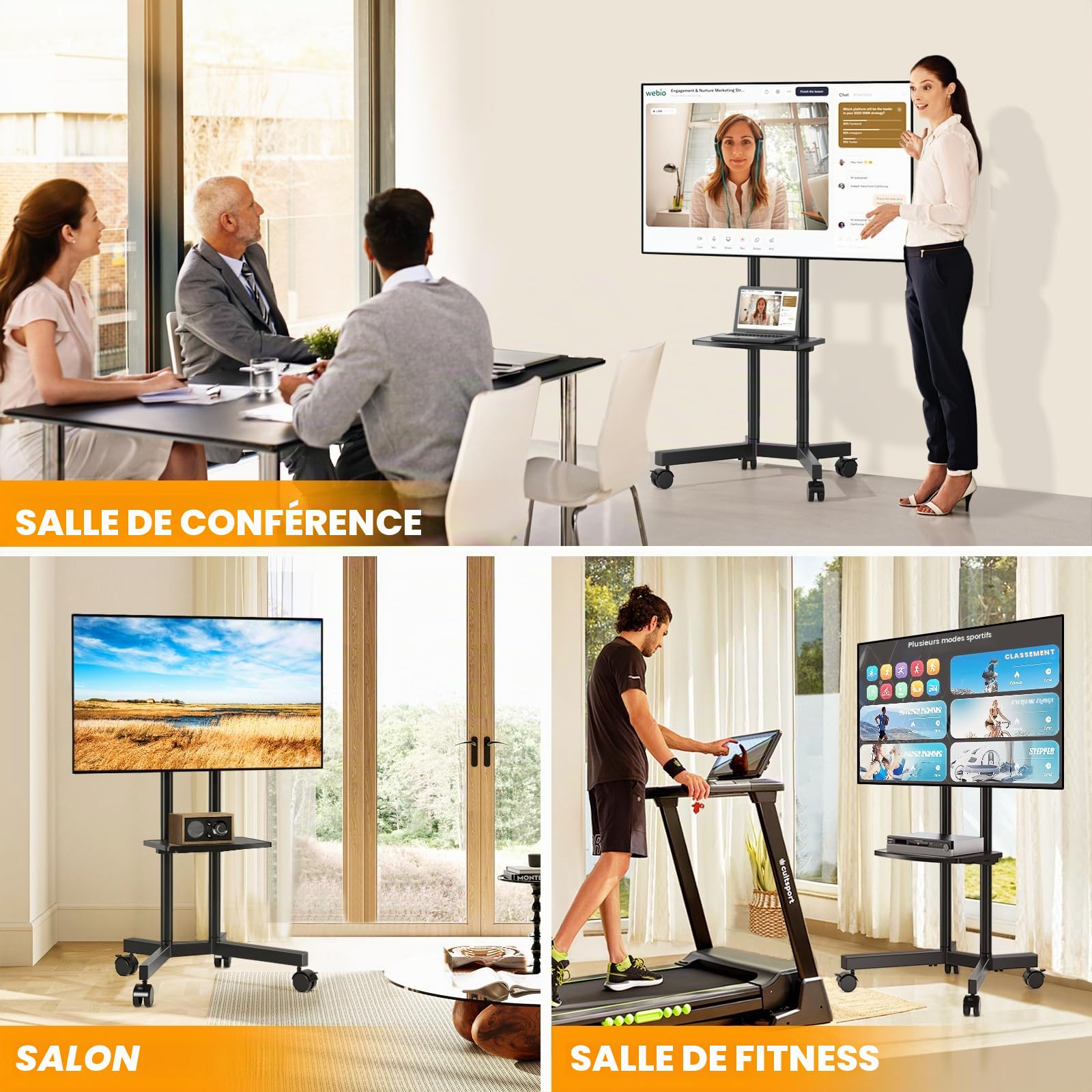 TVON Support TV sur Pied pour Télé de 32 à 75 Pouces, Réglable en Hauteur Support TV roulettes Pied TV avec Etagère Chariot Meuble TV Jusqu 'à 40 kg, Max VESA 400x400mm