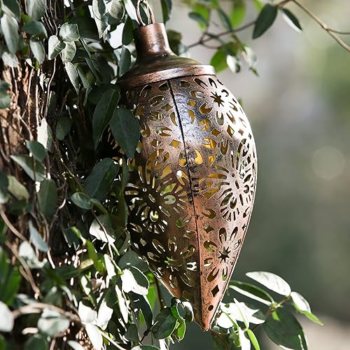 Miniatura 4 de Farol solar colgante al aire libre impermeable retro metal luces coloridas luz colgante diseño hueco linterna gota agua para jardín, patio y balcón,