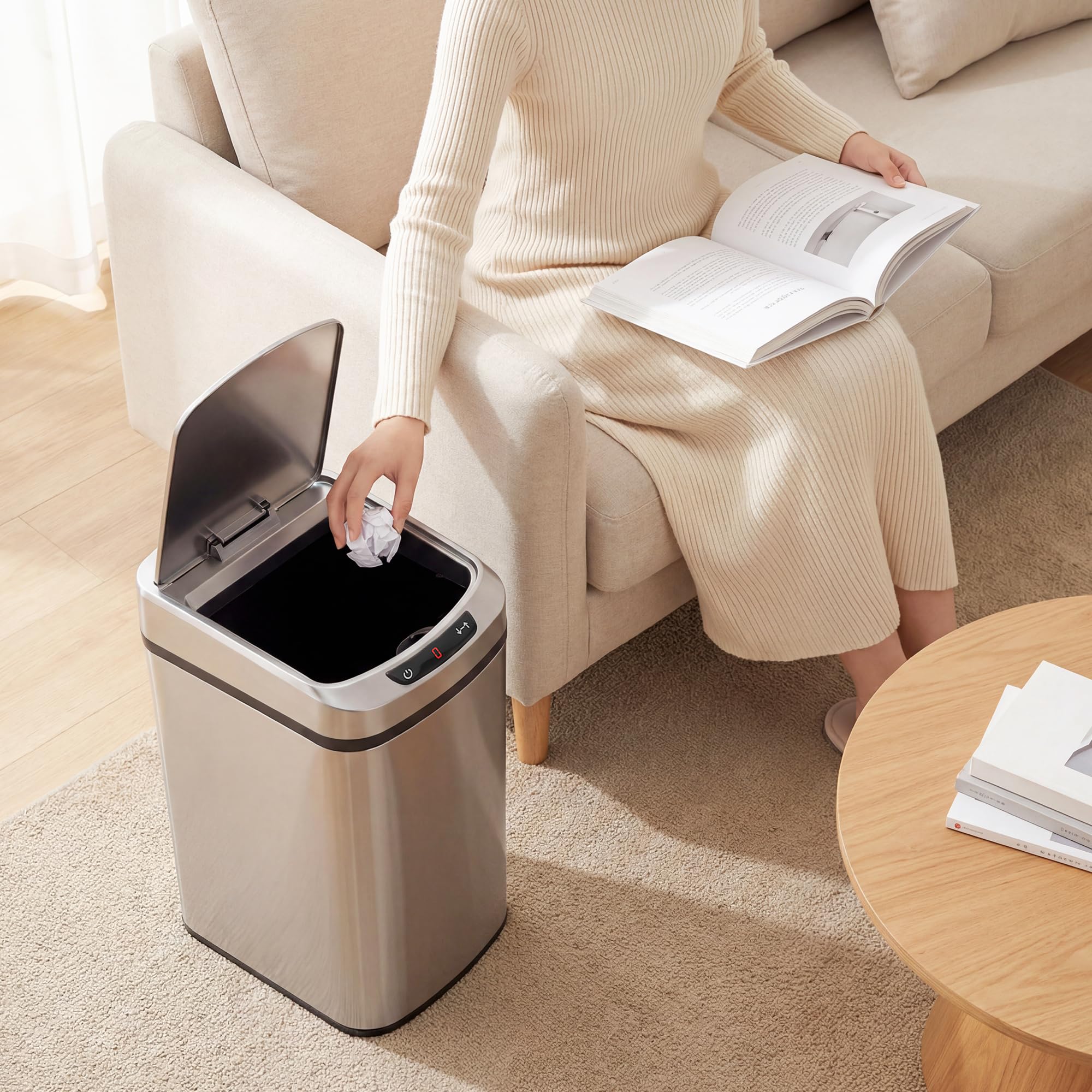 HOMCOM Poubelle de cuisine automatique 12 L en acier inoxydable, poubelle à capteur de mouvement sans contact avec couvercle, anti-traces de doigts, pour maison, salon, bureau, argent