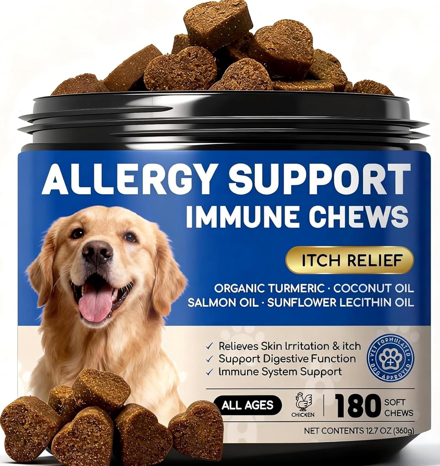 Dog Allergy Relief Chews - Dog Itching Skin Relief - 180 Chews - Anti-Itch, Hot Spots, Paw Licking - Immune Health - Omega 3 Fish Oil - Dry Itchy Skin and Coat Supplement