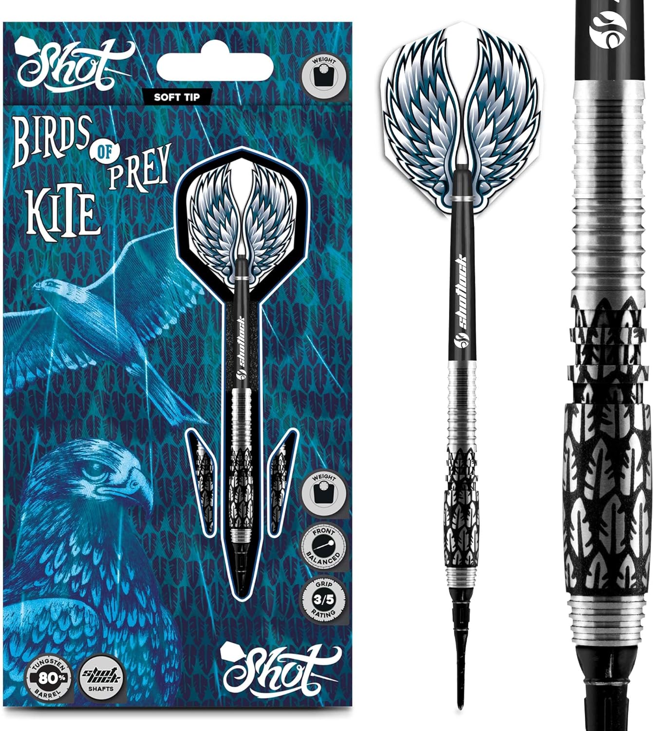 Shot Darts Soft Tip, Birds of Prey Kite (18g/20g), 80% Tungsten Barrel, Front Weighted, Professional Dart Set & Flights Made in New Zealand, Plastic Tip for Electronic Dartboard