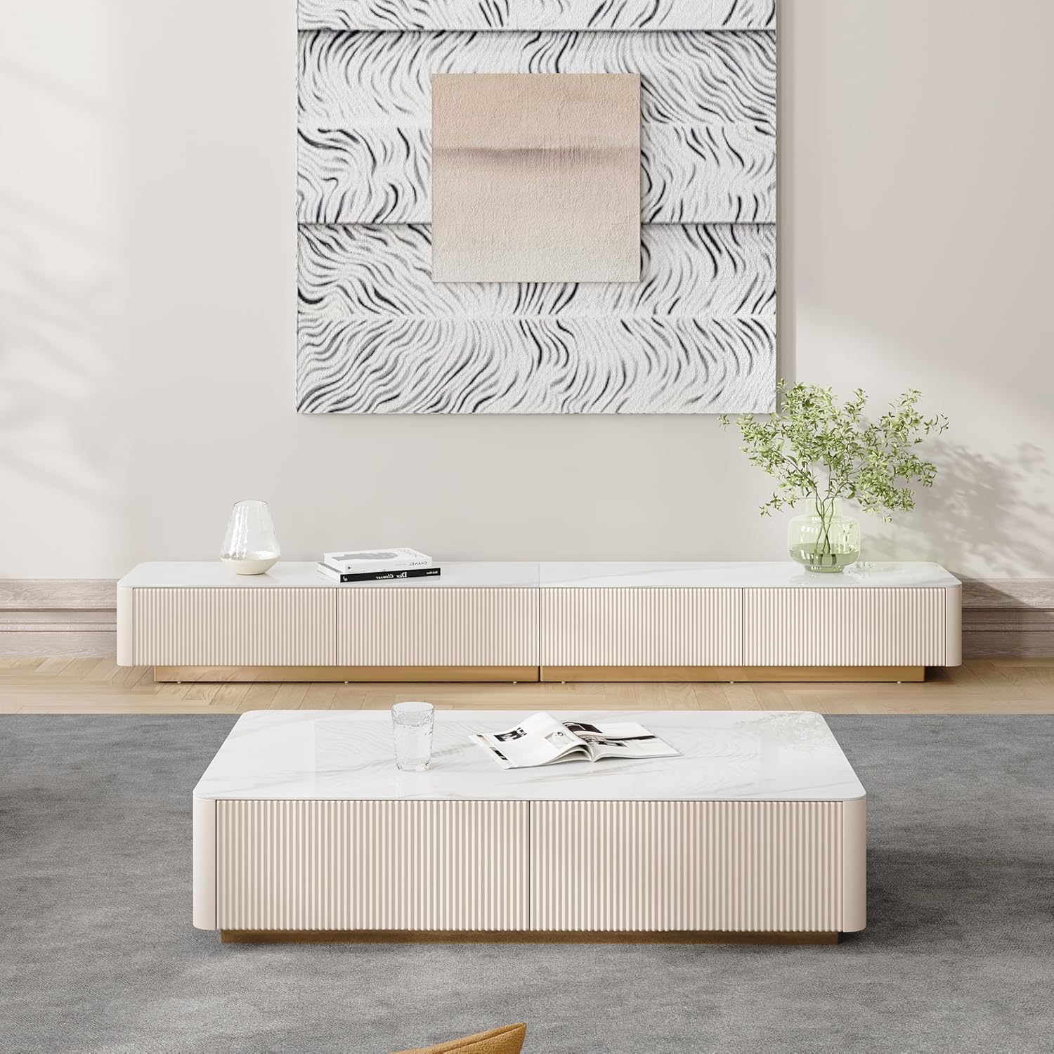 94.5" Modern White TV Stand for Living Room, Minimalist Sintered Stone Top Entertainment Center with Drawers, 10.24" Height TV Console, Smooth Glossy Fluted Panel, Golden Metal Base & No Assembly