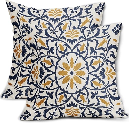 Juego de 2 fundas de almohada bohemias de 18 x 18 pulgadas, color azul marino y amarillo, estilo étnico bohemio, estampado de flores vintage, fundas