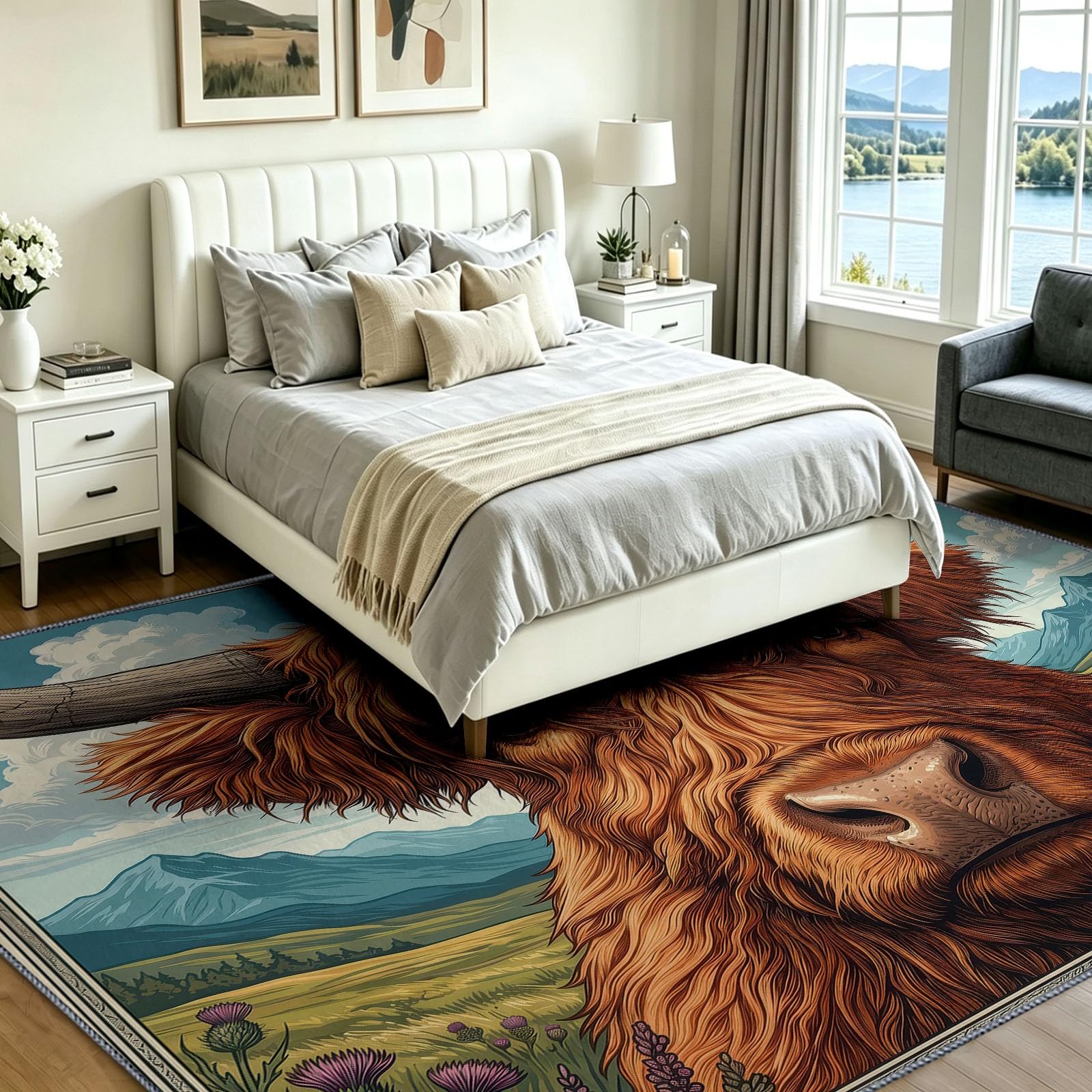 Tapis pour Chambre Dessin Animé Champêtre 80x150 cm, Tapis Antidérapant Prairie Vache Highland Ciel Bleu Modèle, Poils Courts Doux Lavable Moquette Décoration pour Descente de Lit, Couloir ou Cuisine