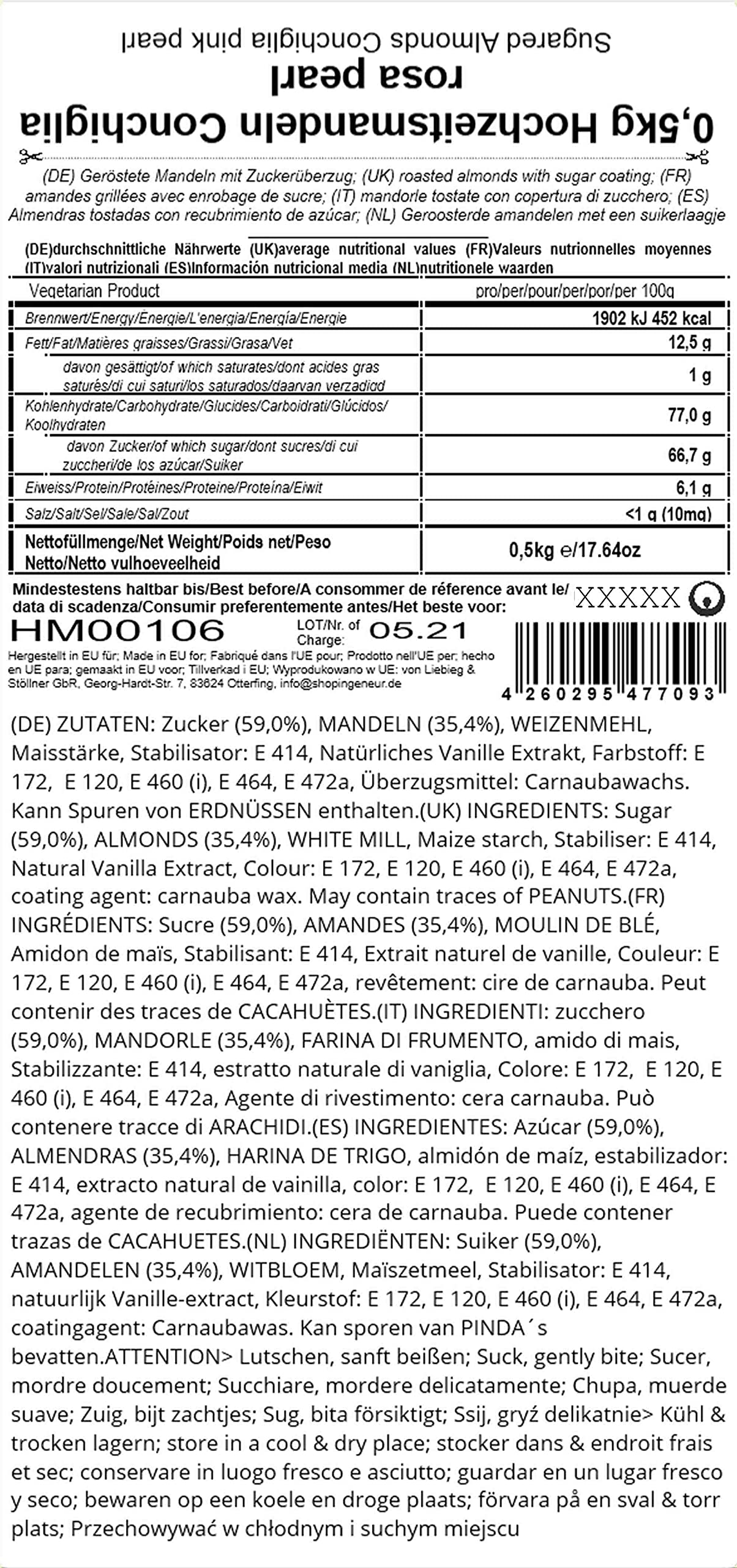 EinsSein Dragées Amandes Conchiglia rose perle 500g | ca. 140 pièce Dragees Mariage Baptême Communion Célébrer Fête Candybar | Confiserie Candy Bar | Cadeaux Invités | Bonbons Amande Premium