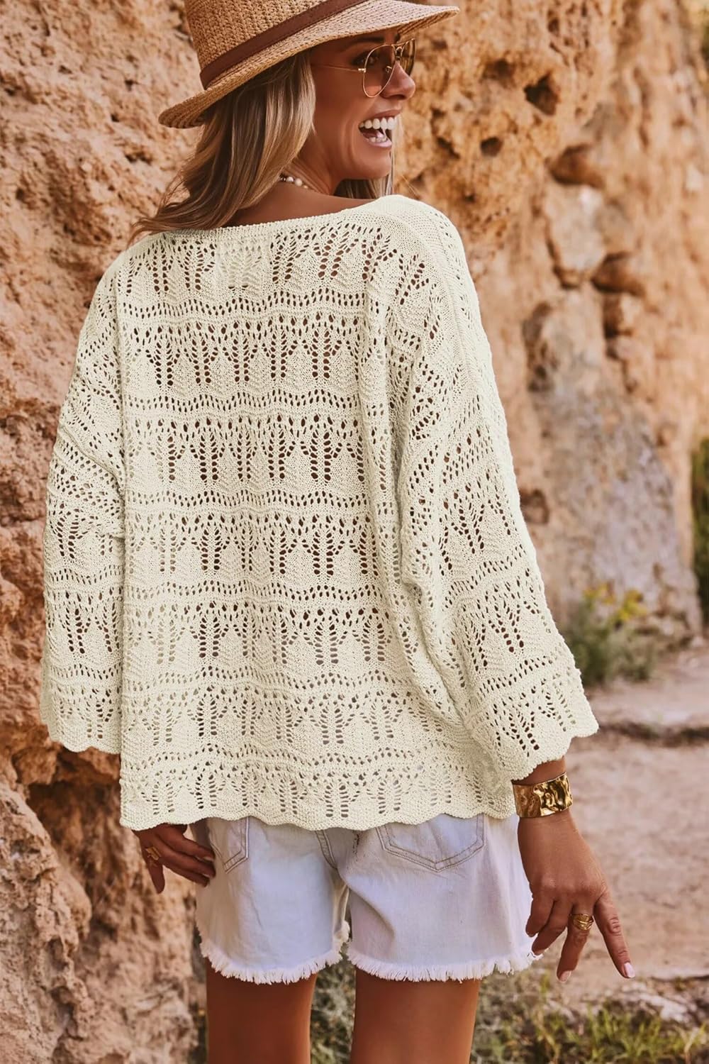 Allimy Womens Spring 3/4 Sleeves Crochet Oversized Sweater for Women 2026 Beach Resort Wear Tops - Image 3