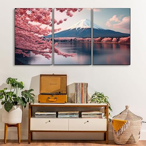 Miniatura 2 de YONICA Lienzo decorativo de 3 paneles de montaña para decoración del hogar, paisaje con flores de cerezo rosa y monte Fuji, impresión en lienzo HD