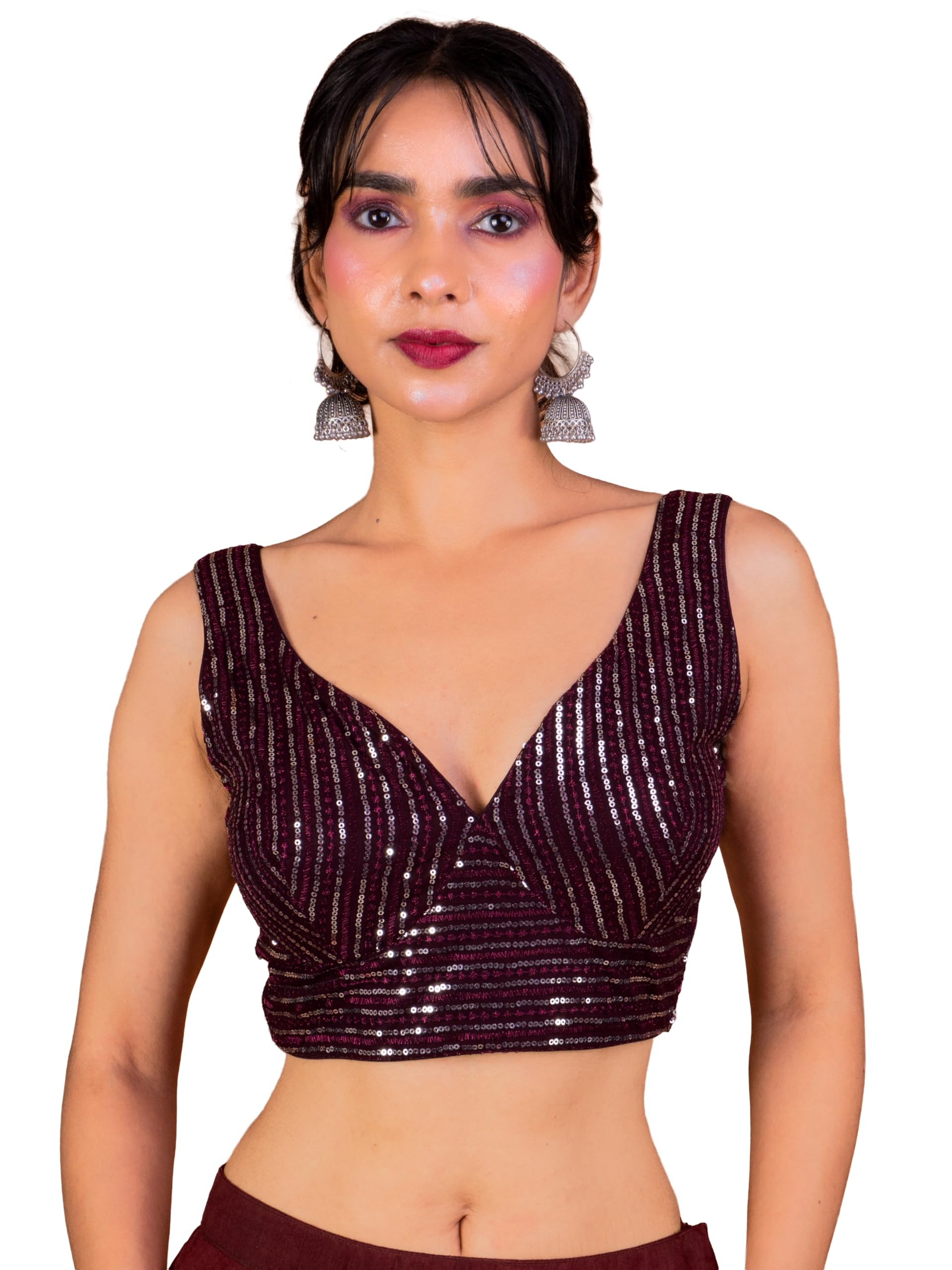 FIGURE'S DESIGNER Women's Sequin Embroidered SabyaSachi Cut Sweetheart V Neck Sleeveless Readymade Saree Blouse E30