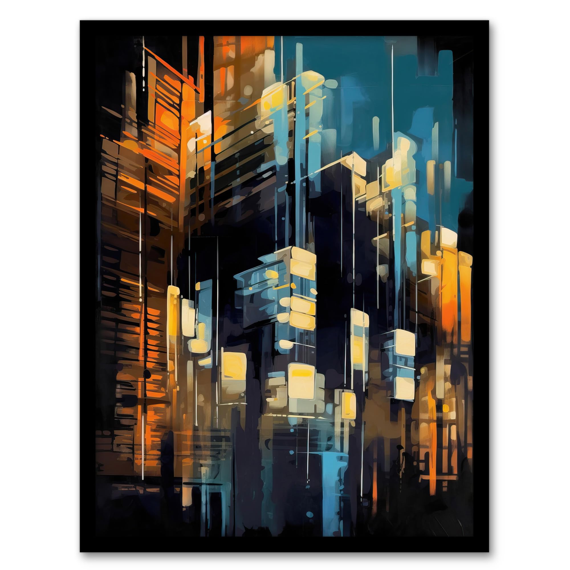 Artery8 Downtown Motown Skyscraper Architectural Blue Orange Painting Modern New York Artwork Framed Wall Art Print 18X24 Inch