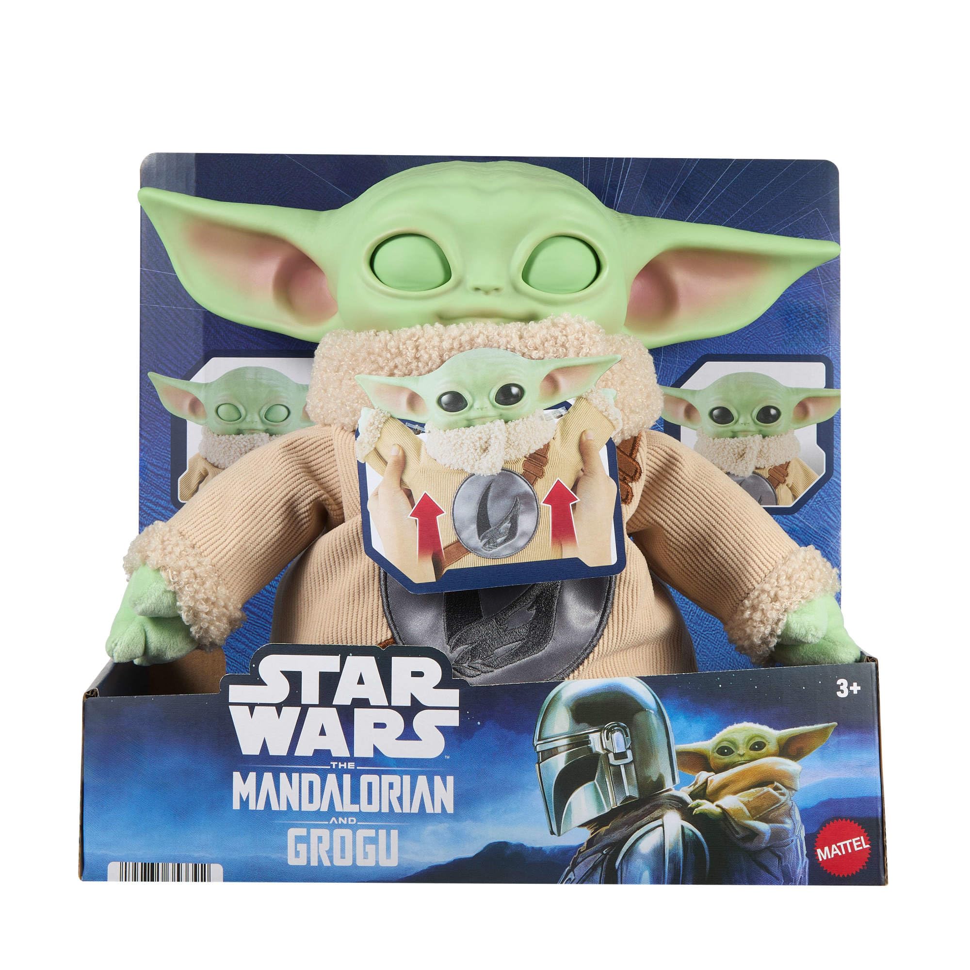 Mattel Star Wars The Mandalorian e Grogu - Grogu Baby Abbracci, peluche con gli occhi che si aprono ispirato al film, ricamo sul petto e corpo e mani morbide in tessuto, 3+ anni, JKN44