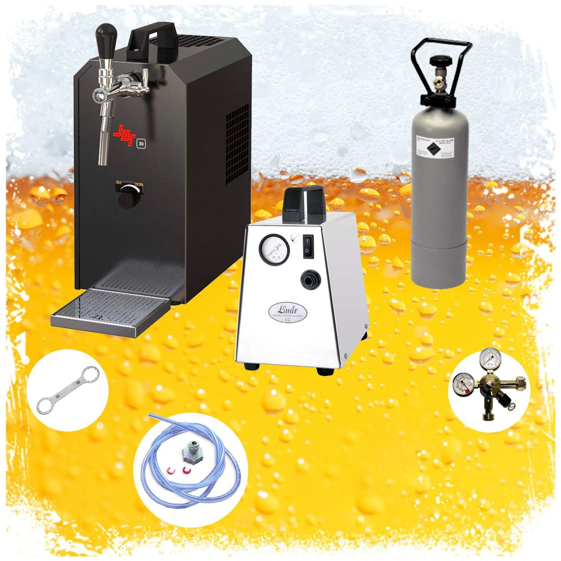 Kit Completo Sistema de Tiro de Cerveza Jet 30, Enfriador en línea seco, 35 l/h, con regulador CO2, Botella 2 kg, mangueras y Cabezal Cesta, Tipo S