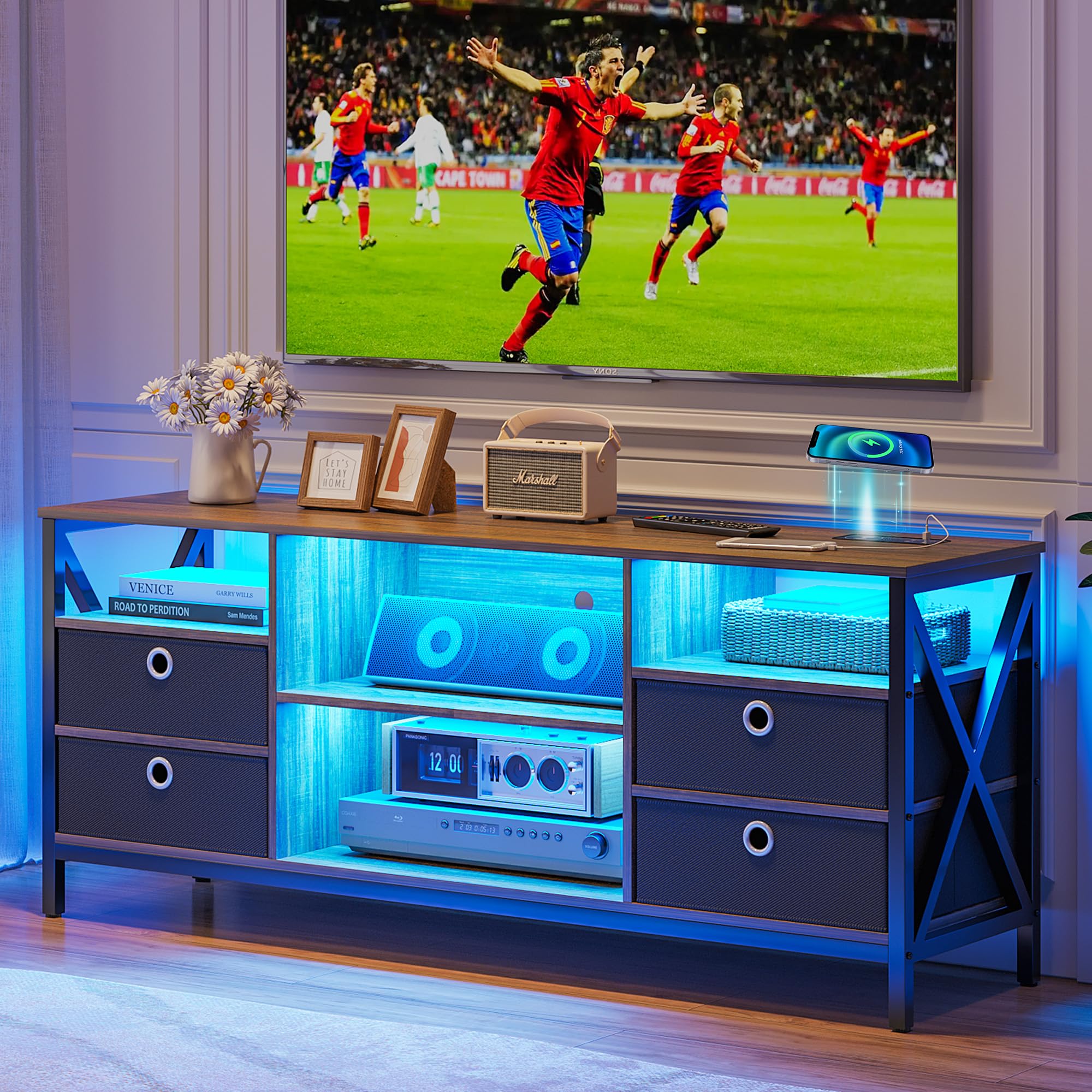 HNEBC Smart Entertainment Center with Charging Station/Body Sensor Lights, Auto LED TV Stand for 65+ Inch TV, TV Console Table with Metal Frame, 55+ Inch TV Stands for Living Room (B-Brown)