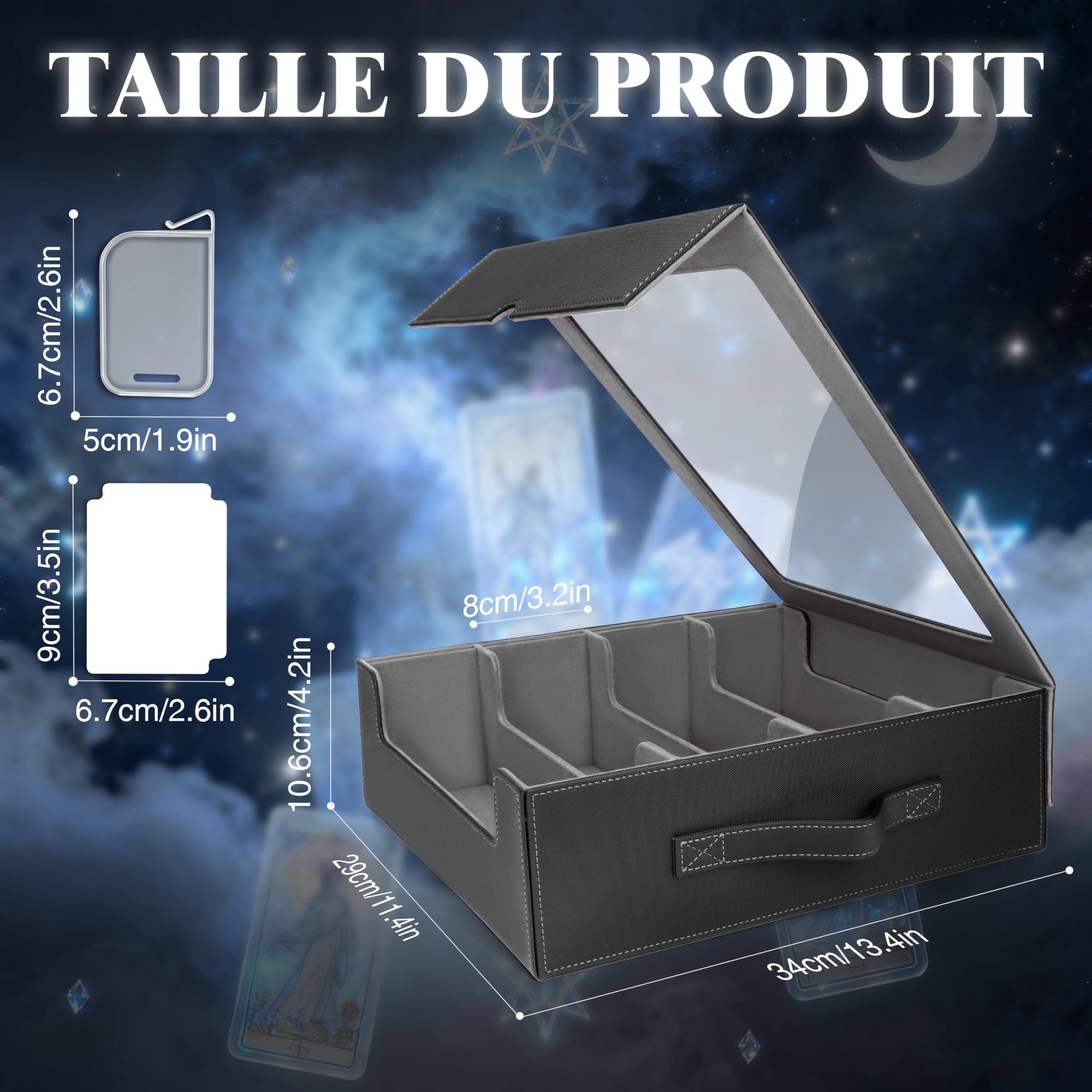 Charmofun Boîte Rangement Carte, Boîte à Cartes pour Plus de 2400+ Cartes Avec 10 Séparateurs, 4 Blocage et Plateau à Dés, Boîte à Rabat Magnétique Avec Cuir Pu et Poignée (Gris, 2400+)