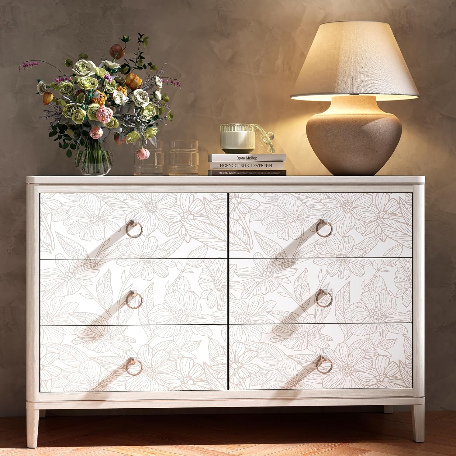 Floral Peel and Stick Wallpaper,White and Beige Boho Beige Contact Paper Line Art Flower Removable Self Adhesive Wallpaper for Bedroom Living Room Bathroom, Modern Neutral Vinyl Roll, 17.3"x120"