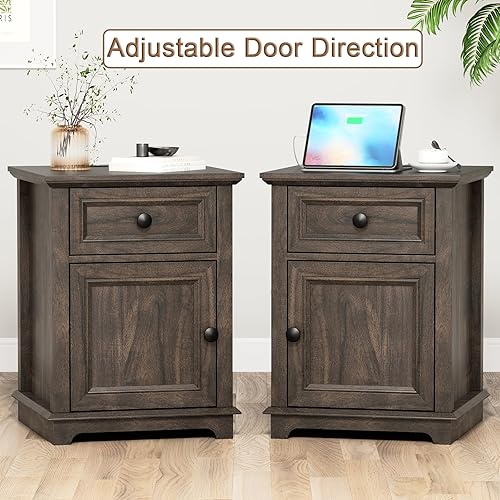 Miniatura 6 de Mesa auxiliar de 24 pulgadas con estación de carga rápida, mesa auxiliar con cajón, estante ajustable y armario de almacenamiento grande, mesita de