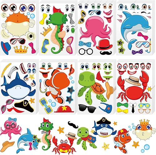 Sinmoe 48 hojas de calcomanías oceánicas para niños pequeños, hacer una cara, animales marinos, juegos bajo el mar, fiestas de cumpleaños,
