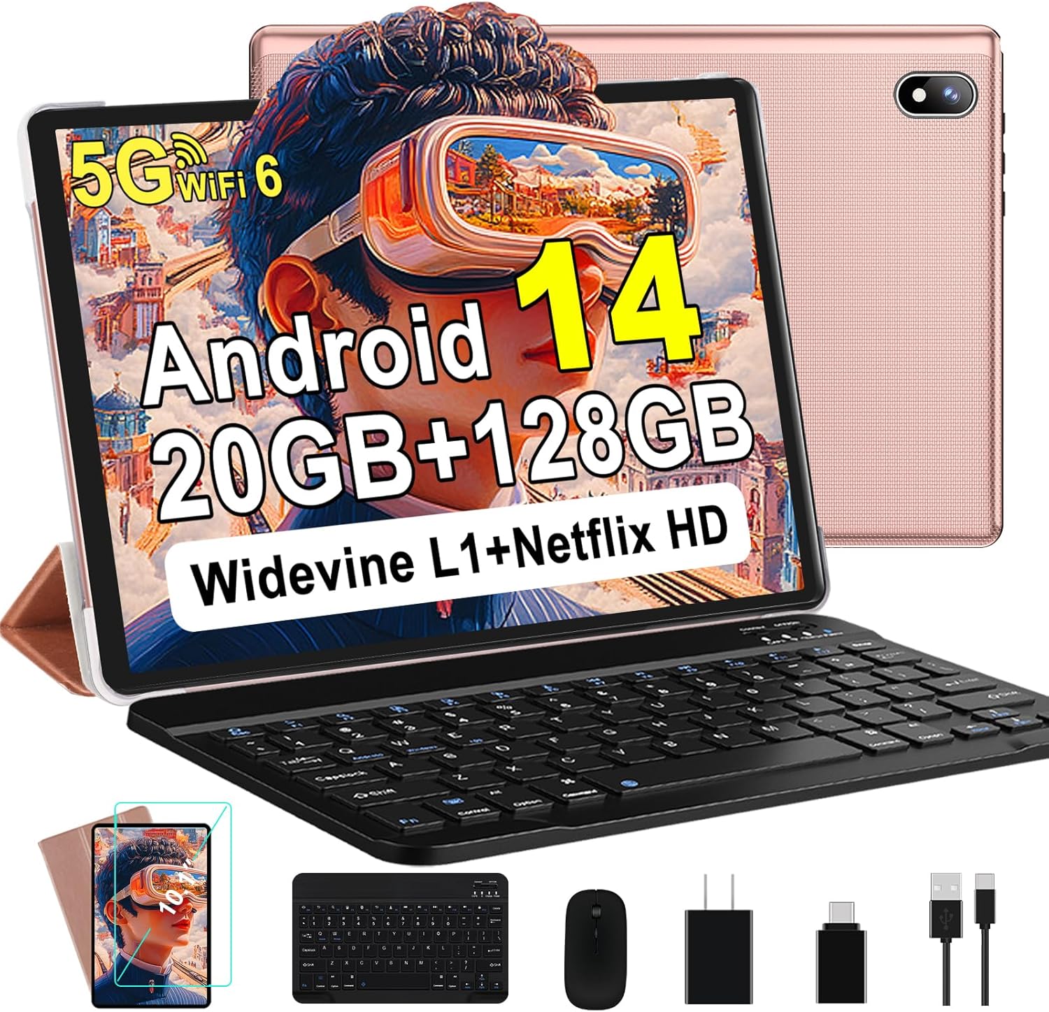 Android 14 Tablet, 128GB+20GB/1TB Expandable, 10.1 Inch Tablets with WiFi 6, Octa-Core, Bluetooth 5.0, Dual 5MP+8MP Camera, Android Tablet with Keyboard Mouse – Rose Gold Android 14 Tablet, 128GB+20GB/1TB Expandable, 10.1 Inch Tablets with WiFi 6, Octa-Core, Bluetooth 5.0, Dual 5MP+8MP Camera, Android Tablet with Keyboard Mouse – Rose Gold