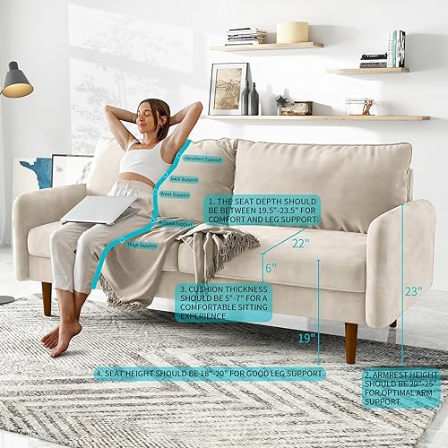 Miniatura 3 de Cómodo sofá biplaza de tela de terciopelo de 70 pulgadas de ancho con asiento profundo y patas de madera maciza, moderno sofá reclinable de mediados