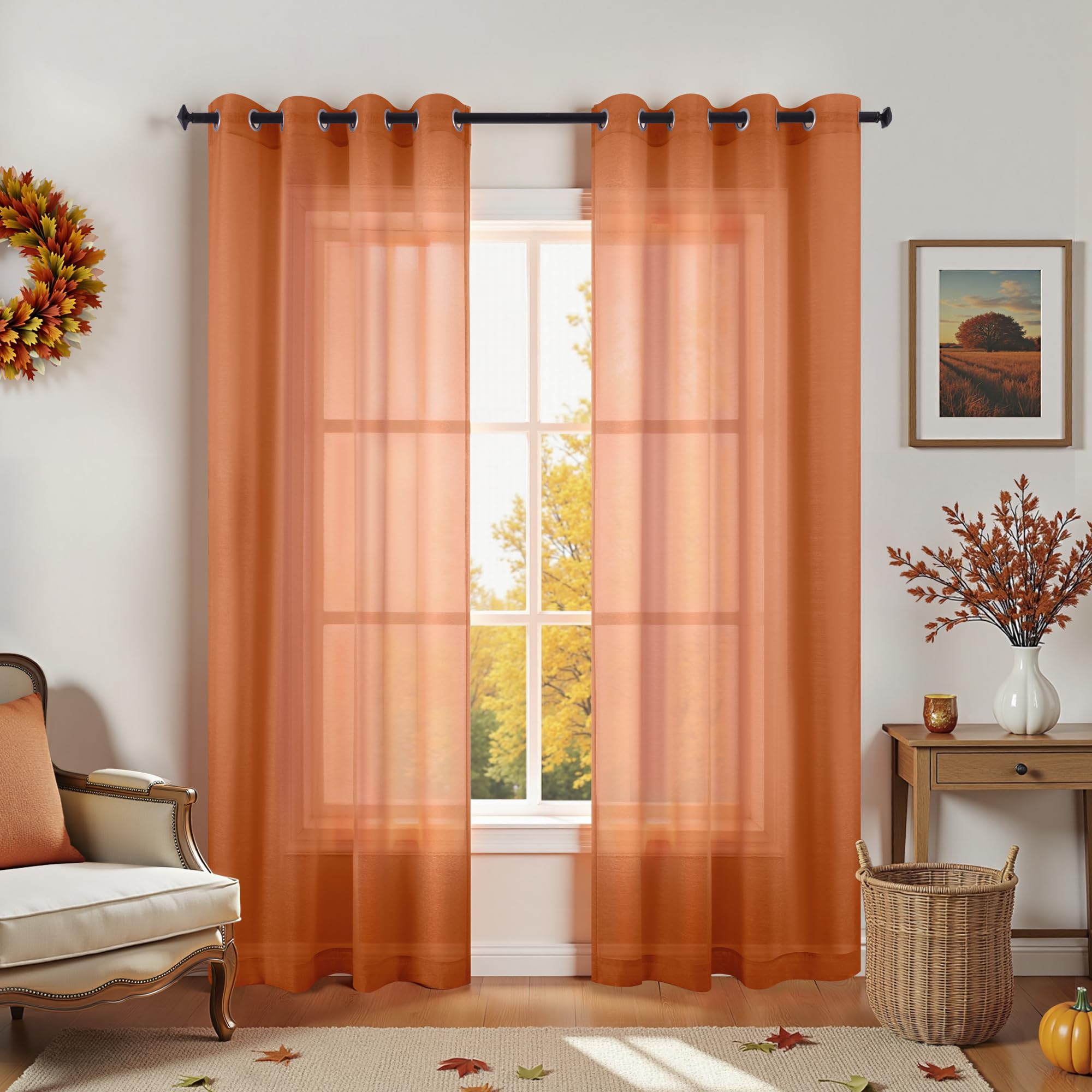 Burnt Orange Curtains 84 Inch Length for Living Room,Bohemian Autumn Boho Fall Decor Set of 2 Panels Grommet Faux Linen Semi Sheer Thanksgiving