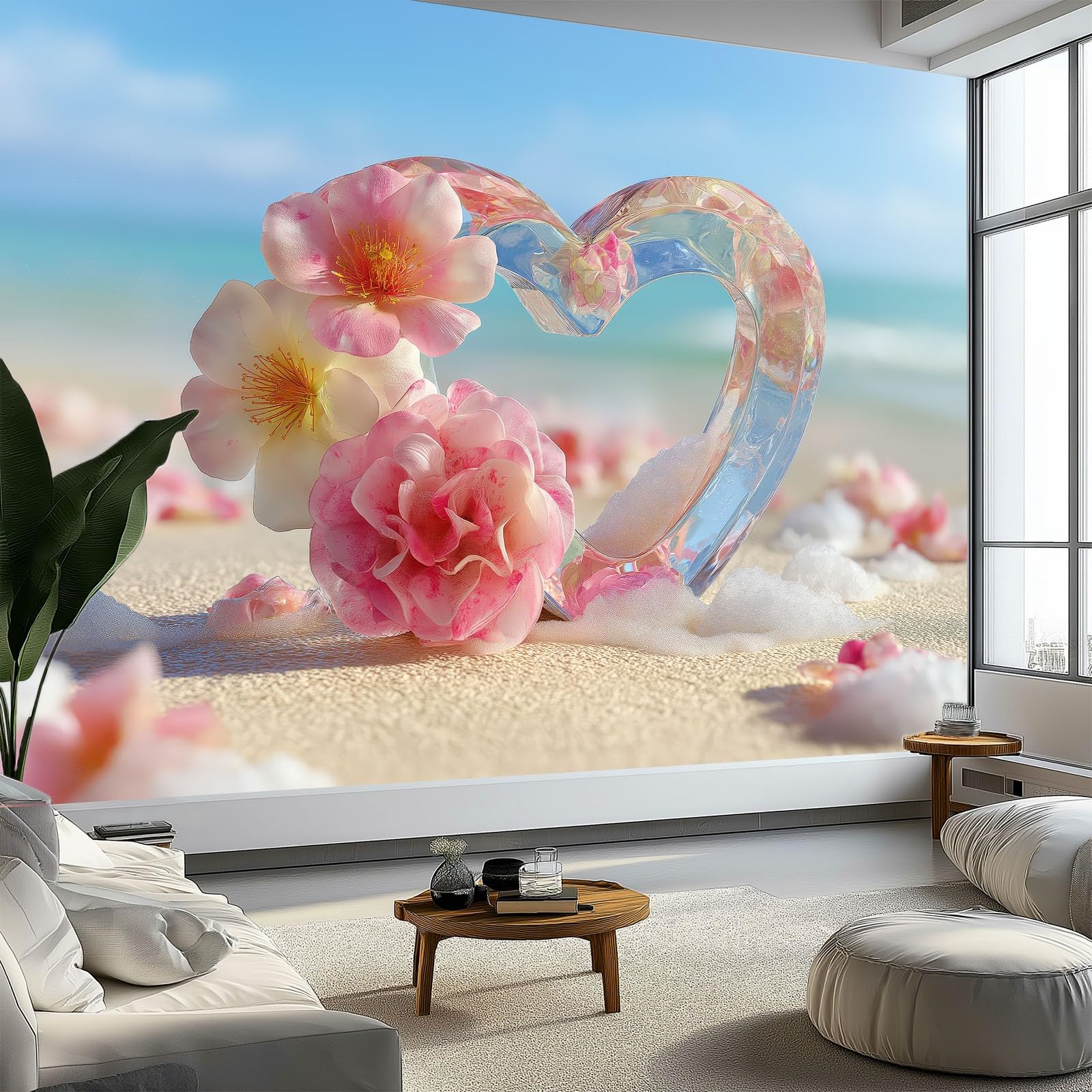 Générique Panoramiczna tapeta marzycielski ocean kwiaty serce 3D 300 x 210 cm, nowoczesna włóknina XXL dekoracja ścienna salon sypialnia biuro pokój dziecięcy, niebieska