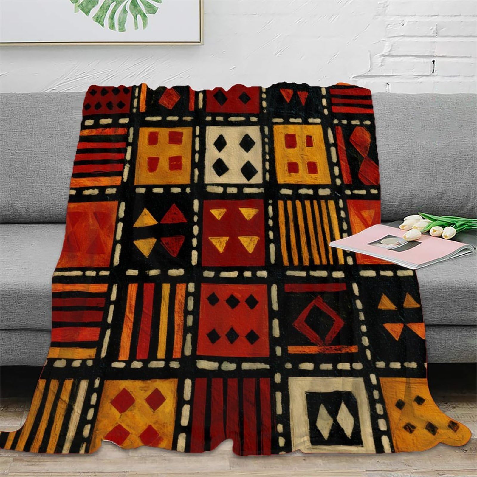 Couverture lit microfibre infroissable plaid de luxe motif tribal africain toutes saisons