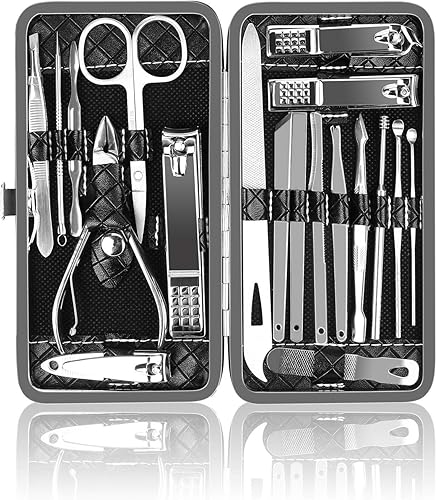 Juego de manicura kit de uñas kit de pedicura cortaúñas kit de aseo profesional 19 piezas OKOM de acero inoxidable herramientas de uñas con estuche Juego de manicura kit de uñas kit de pedicura cortaúñas kit de aseo profesional 19 piezas OKOM de acero inoxidable herramientas de uñas con estuche