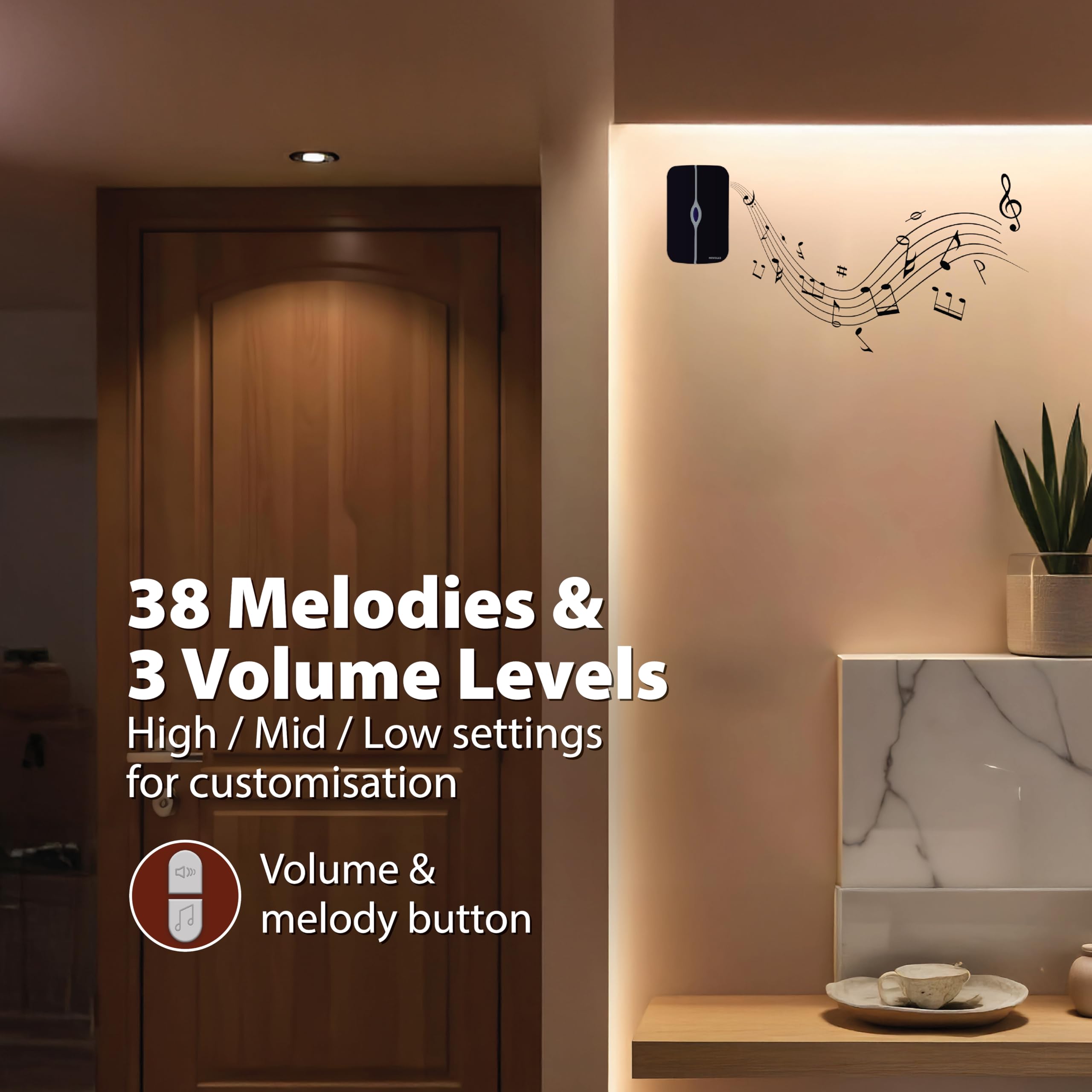 Havells Tango Wireless Digital Doorbell (White & Black), 25 Chime Melodies, 3 Volume Levels, 100m 433.92MHz Open Air Receiver and Transmitter Range,Loved by Users for LED Stylish and Superb Longevity 3