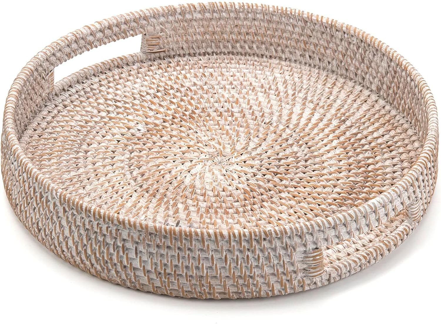 Round Rattan Tray, Hand Woven Serving Tray with Handles, Wicker Serving Basket, Decorative Tray for Home Decor (Whitewash, Large)