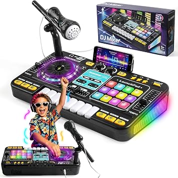 DJ Mixer for Kids,Toddler DJ Mixing,TableLight & Speed Control and Microphone,Piano Keys,Birthday Gift Toys for 3 4 5 6 7 8Year Old Boy Girl