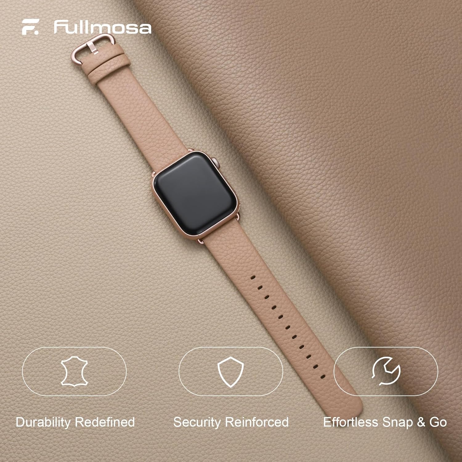 Fullmosa Leather Bands Compatible with Apple Watch Band 42mm 41mm 40mm 38mm for Women Men, Top Grain Genuine Leather Strap for iWatch Series 11/10/9/8/7/6/5/4/3/2/1,SE3/2/1, Beige/Rose Gold - Image 2