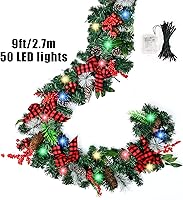 Vista 5 de Guirnalda de Navidad artificial preiluminada de 9 pies, guirnalda de Navidad con conos de pino de bayas rojas, funciona con pilas, 50 luces LED