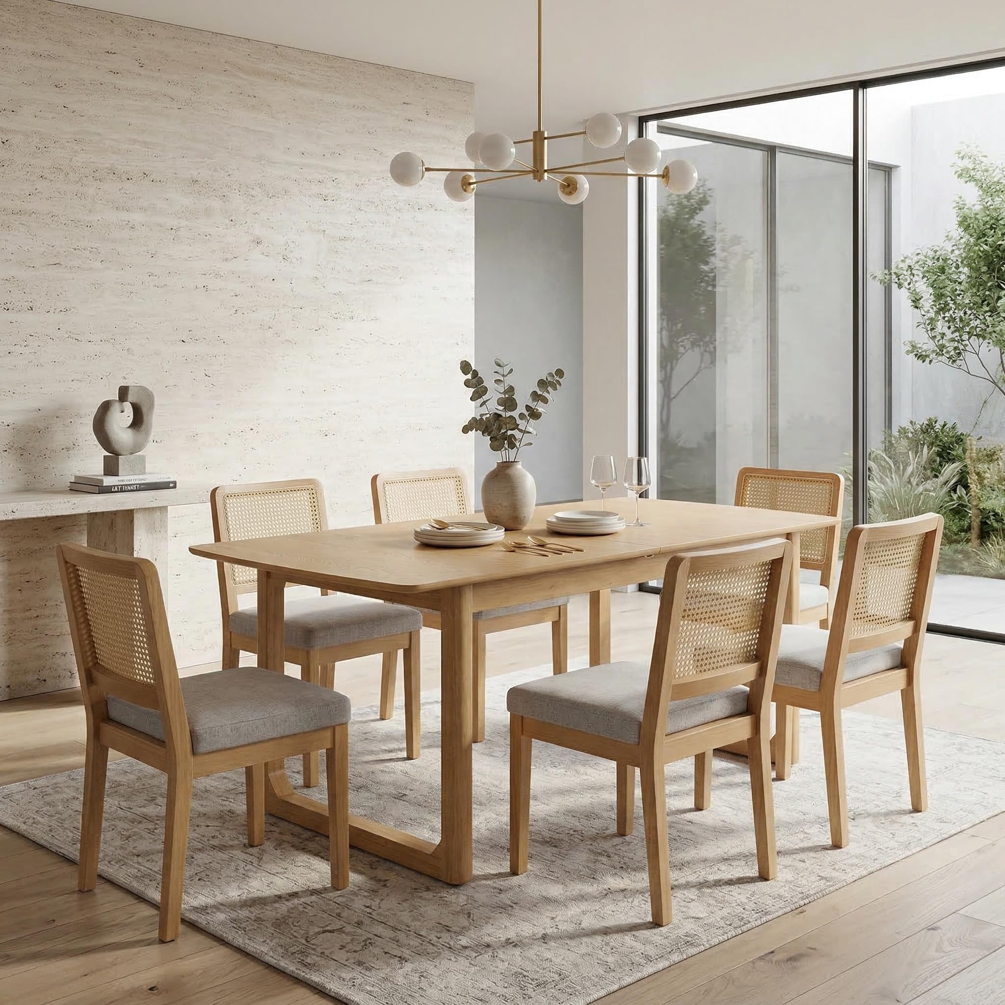 LukeAlon Set of 4 Mid Century Dining Chairs - Farmhouse Style with Woven Cane Back, Plush Chenille Upholstered Seats, Solid Wood Legs, Comfortable