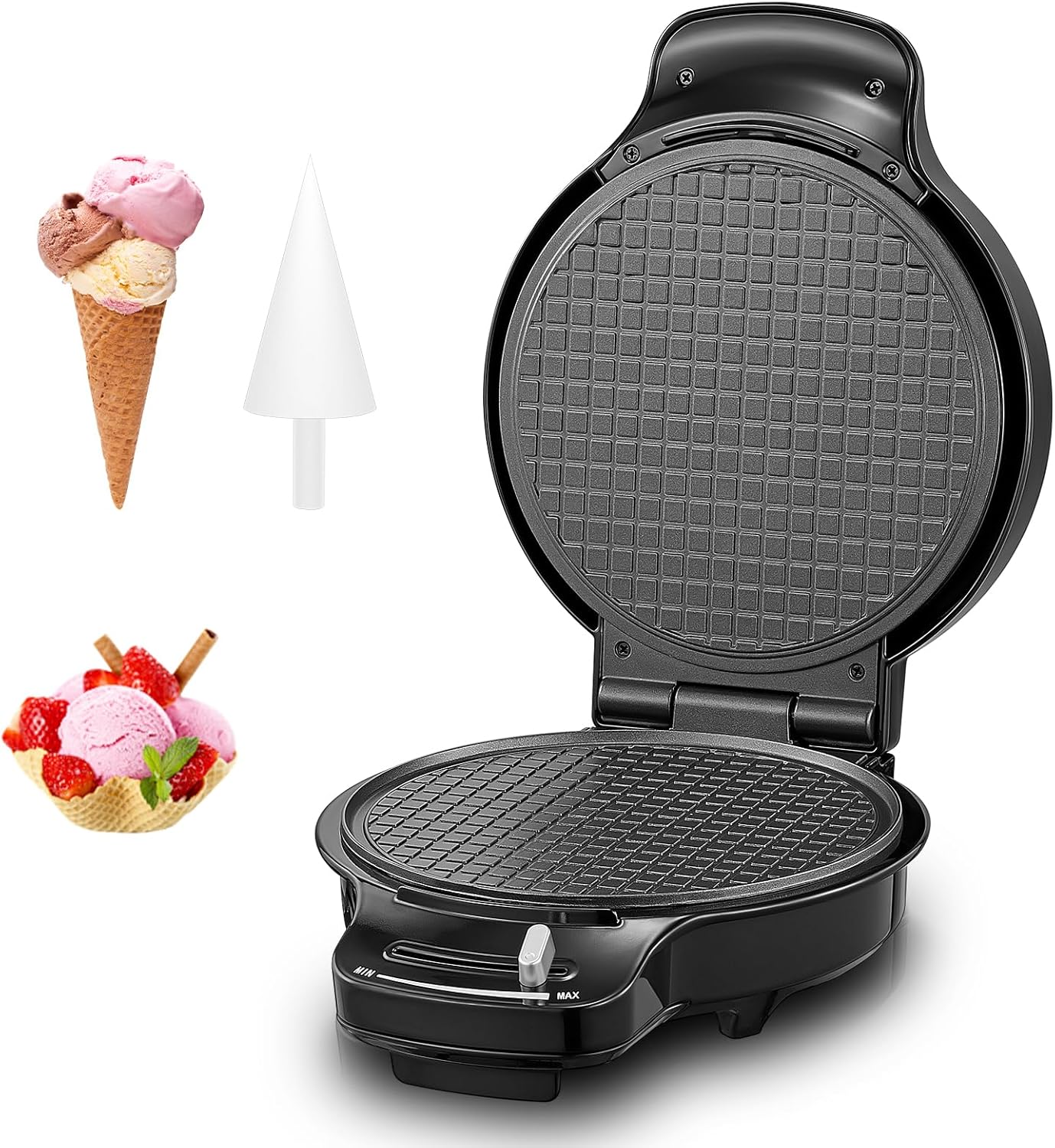 Product image of FOHERE Waffle Cone Maker Machine and Ice Cream Bowl Maker with Browning Control, Double Side Nonstick Waffle Bowl Maker with Cone Roller, 7.5” Thin Waffle Maker for Home Kitchen